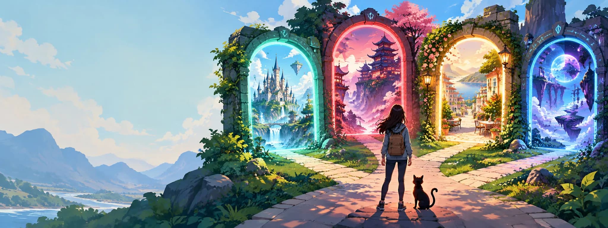 A traveler choosing between portals to different story worlds