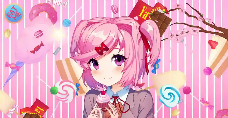 Stylized illustration of four Doki Doki Literature Club girls with hearts and pastel accents