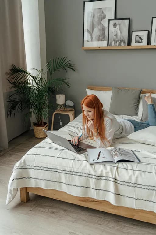 Split scene of stressed character holding a checklist next to a relaxed character snoozing peacefully in bed