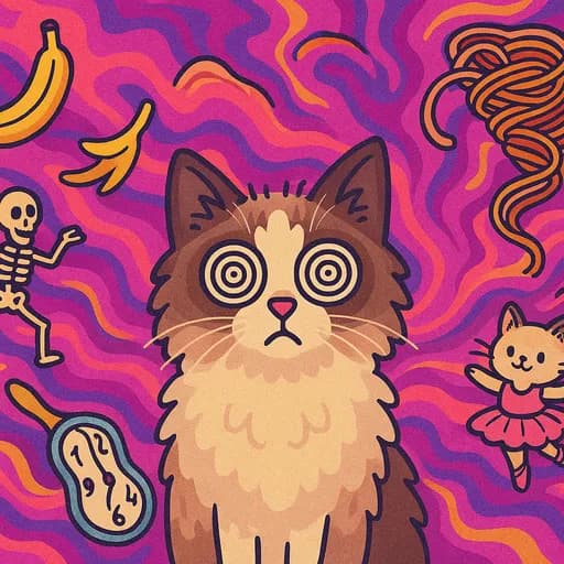 Psychedelic cartoon cat with spiraling eyes, surrounded by chaotic swirls and whimsical brainrot energy