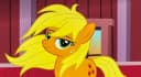 A warm cartoon of Applejack leaning on a wooden fence at sunset with apple crates stacked neatly behind her
