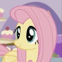A gentle cartoon of Fluttershy feeding baby birds in a pastel garden at dawn