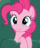 A whimsical cartoon of Pinkie Pie launching a confetti cannon in a pastel party room