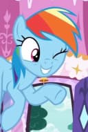 A vibrant cartoon of Rainbow Dash swooping down with a streaking rainbow trail in a bright blue sky