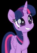 A detailed cartoon of Twilight Sparkle sitting at a desk surrounded by books and a glowing quill under a soft lavender light