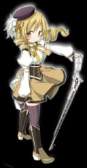 Illustration of Mami Tomoe twirling her ribbons in her yellow magical girl outfit