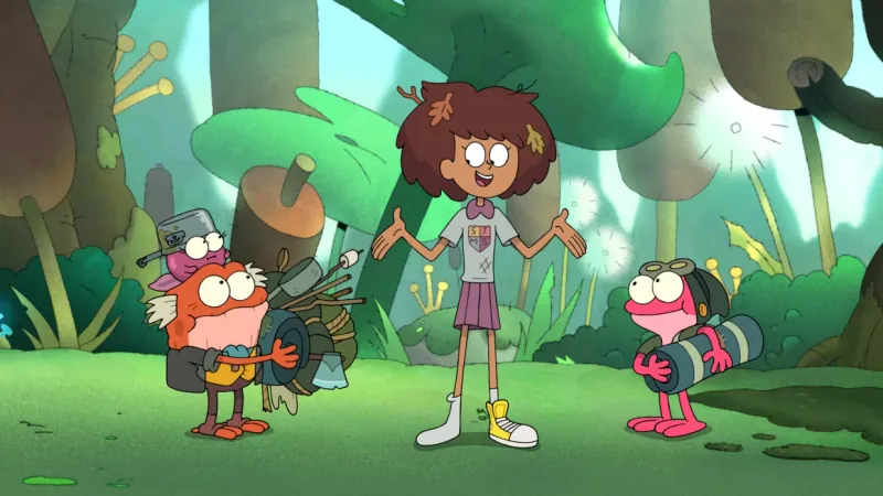 Cartoon-style image of Anne Boonchuy with Sprig Plantar and Hop Pop holding camping gear in the forest.