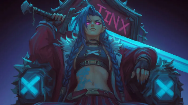 A fan illustration of Jinx sitting on a throne. A large sword is on her shoulders, her eyes glow pink, and the throne has her name written on it
