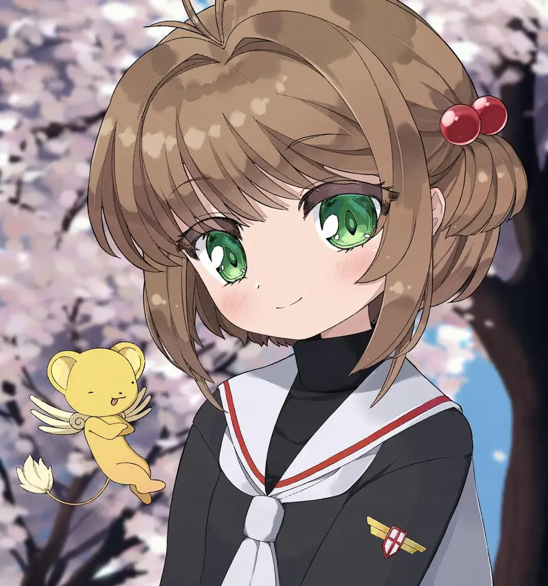Illustration of Sakura, Syaoran, Tomoyo, Kero, Yue and other Cardcaptor Sakura characters with magical cards