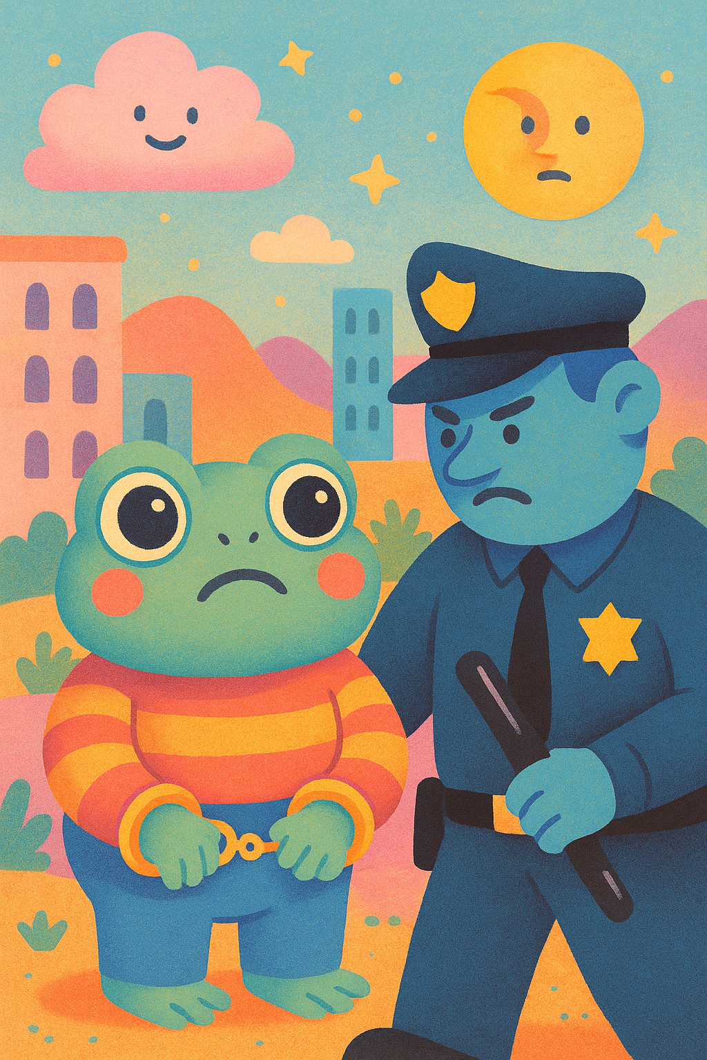 Goofy cartoon police officer arresting a mischievous blob-like creature with a guilty frown