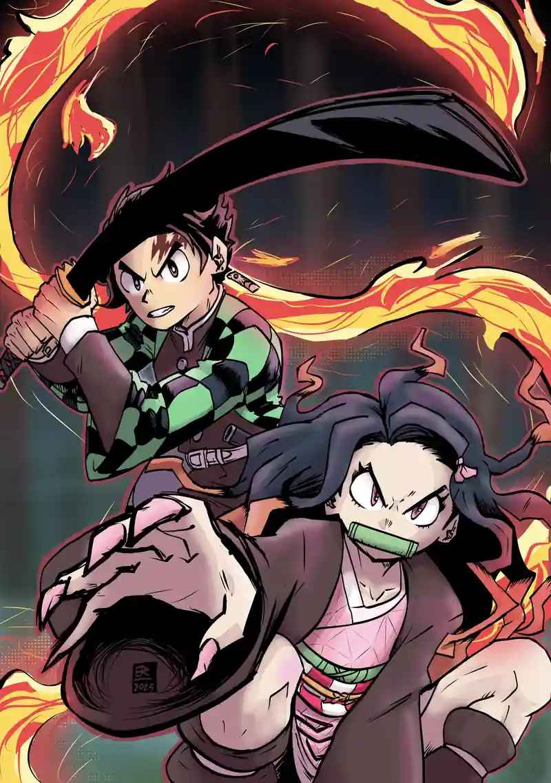 Fan art of Tanjiro and Nezuko in action poses. Flames sweep across the background, and Tanjira has his black sword out.