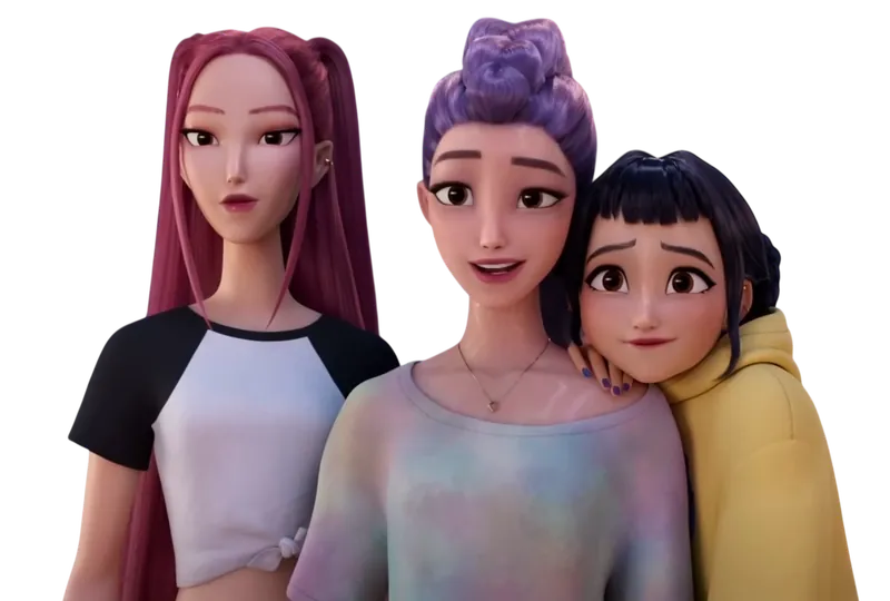 Group picture of HUNTR/X members standing next to each other. Zoey rests her head on Rumi's shoulder.