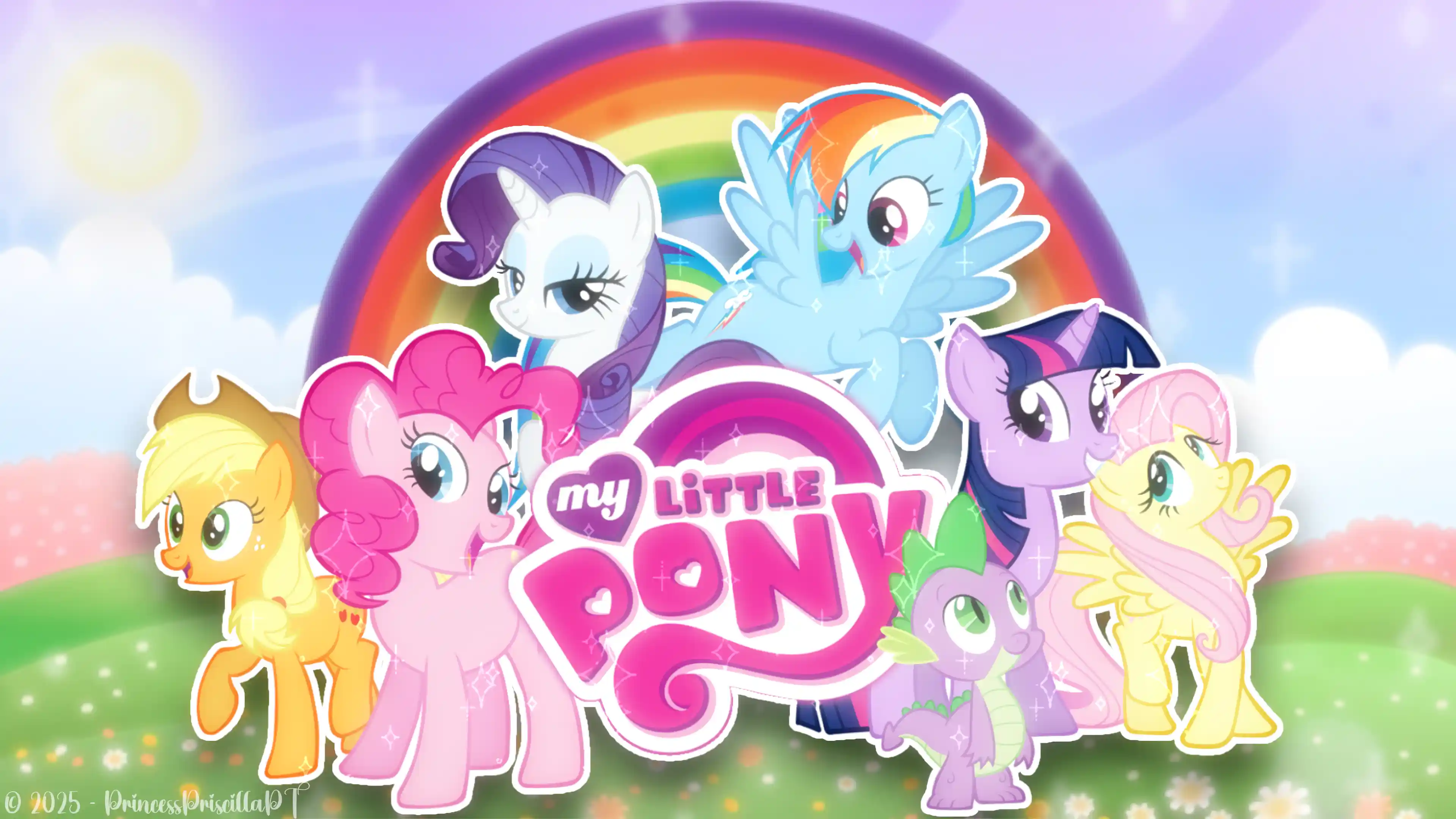 Chibi illustrations of the Mane Six ponies standing cheerfully on a pastel rainbow with soft clouds around them