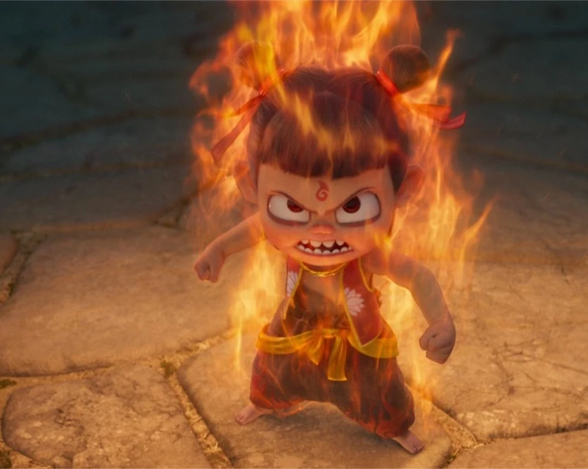 Illustration of Ne Zha engulfed in flames, staring down someone in front of him