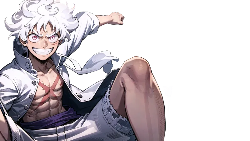Luffy grinning in his Gear 5 form, with white hair and white clothes