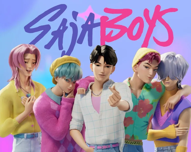 Stylized poster of the Saja Boys with bold stage lights and heart-shaped motifs