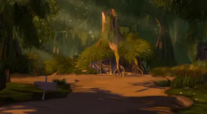 Illustration of Shrek, Donkey, Fiona, Puss in Boots, and other characters from the Shrek movies in a swampy backdrop
