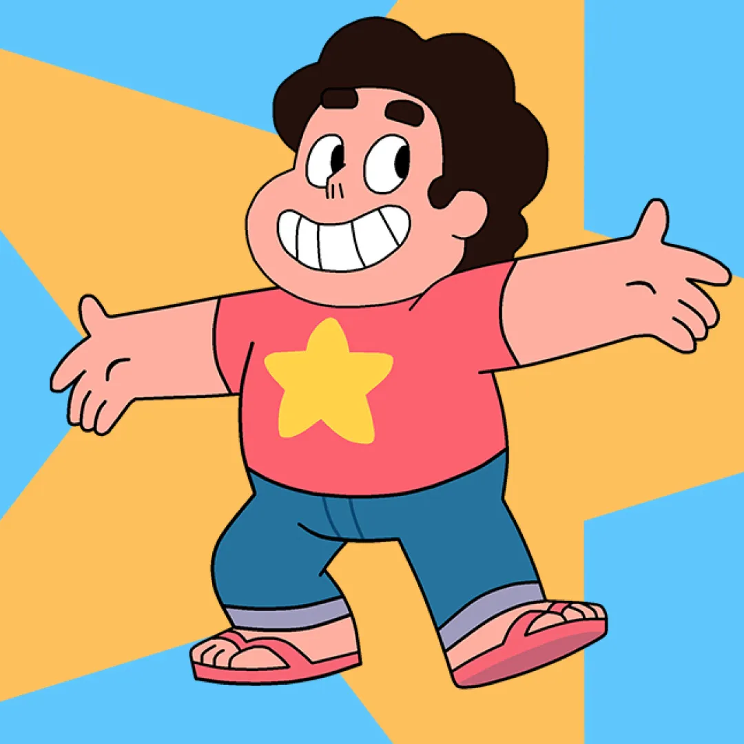 Illustration of Steven with his arms spread, standing over a blue background and yellow star.